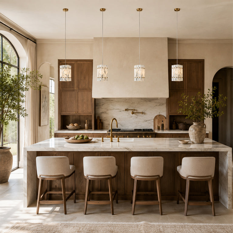 Graphic Vein Twelve-Panel Marble Lantern Pendant installed above a kitchen island
