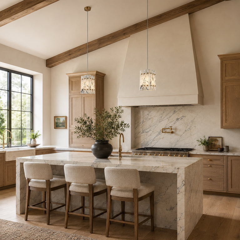 Graphic Vein Twelve-Panel Marble Lantern Pendant installed above a kitchen island