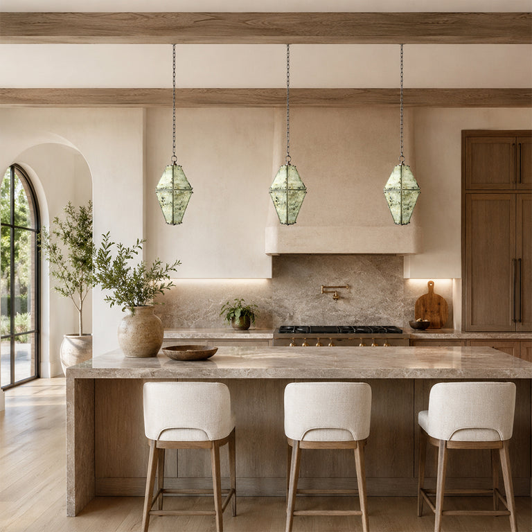 Green Faceted Marble Lantern Pendant installed above a kitchen island