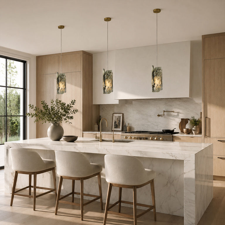Green Four-Panel Marble Pendant displayed in a furnished interior