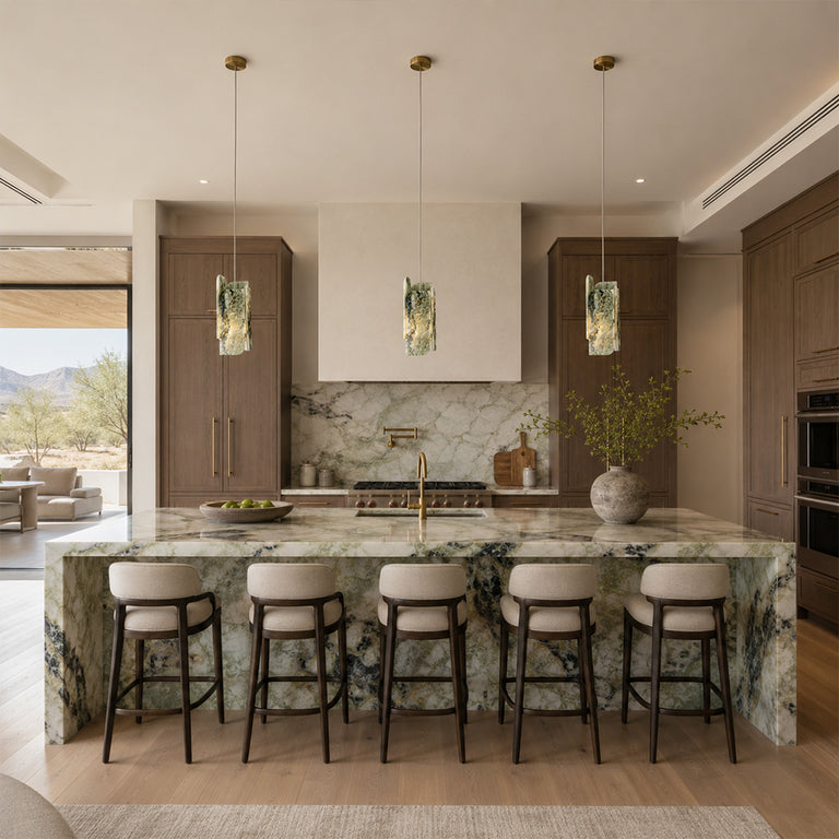 Green Four-Panel Marble Pendant installed above a kitchen island