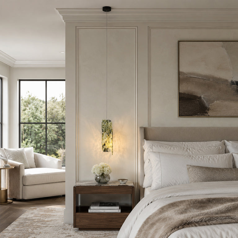 Green Layered Four-Panel Marble Pendant displayed in a bedroom interior