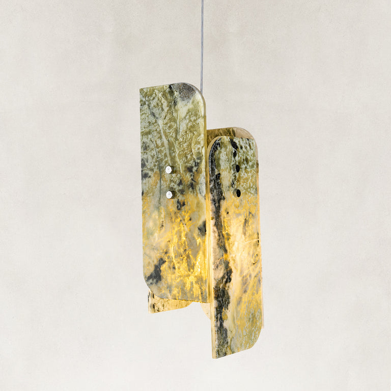 Product detail of Green Layered Four-Panel Marble Pendant against a neutral background