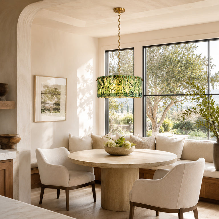 Green Marble Drum Pendant installed above a dining table
