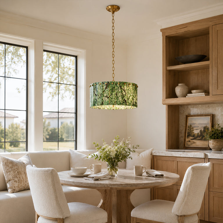 Green Marble Drum Pendant installed above a dining table