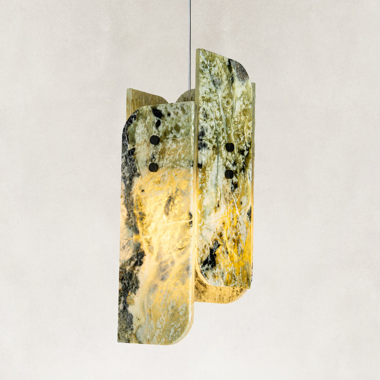 Product detail of Green Pinwheel Four-Panel Marble Pendant against a neutral background