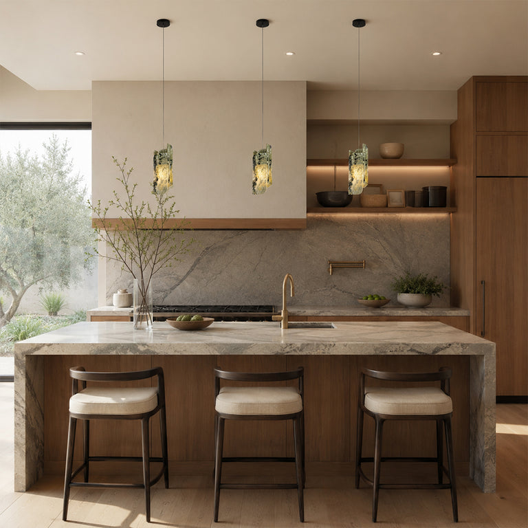 Green Pinwheel Four-Panel Marble Pendant installed above a kitchen island