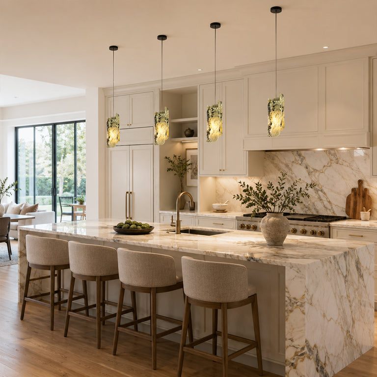 Green Pinwheel Four-Panel Marble Pendant installed above a kitchen island
