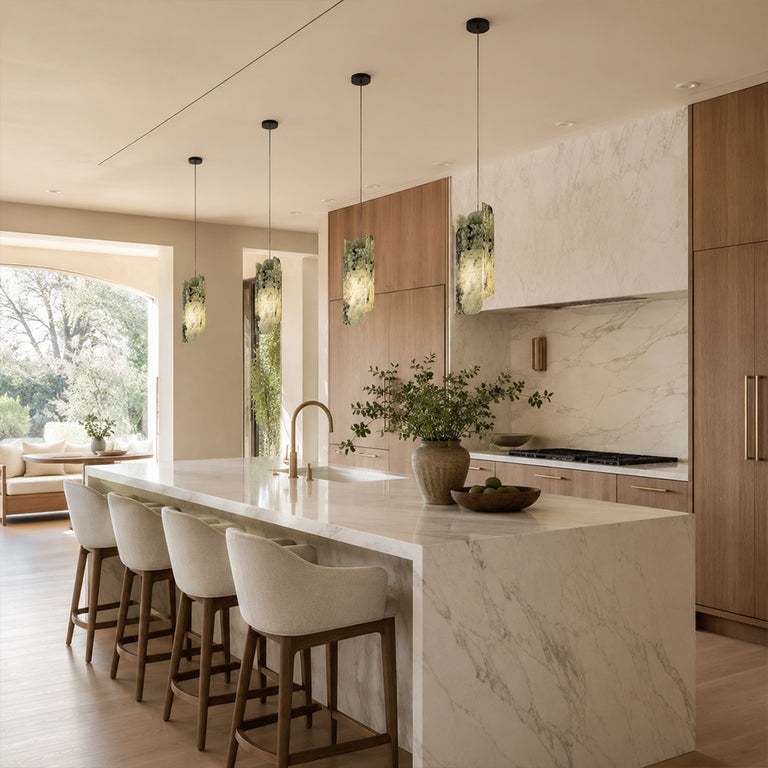 Green Pinwheel Four-Panel Marble Pendant installed above a kitchen island