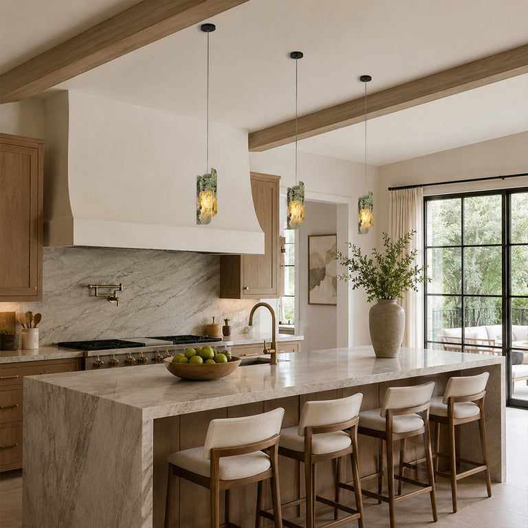 Green Pinwheel Four-Panel Marble Pendant installed above a kitchen island