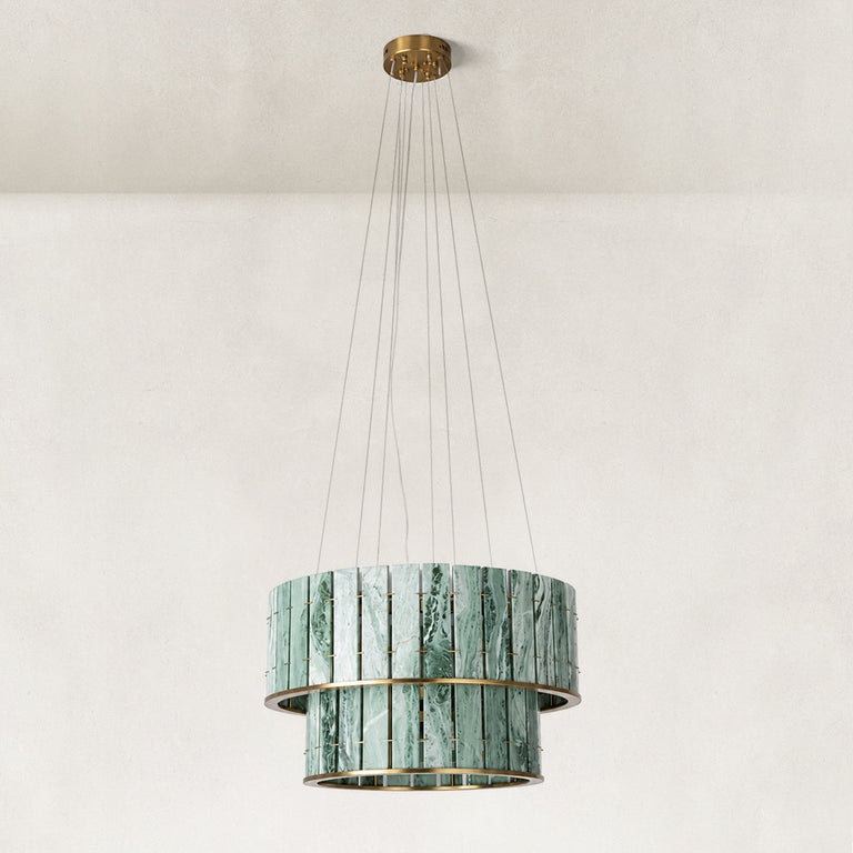 Product detail of Green Tiered Marble Drum Chandelier 31.5" against a neutral background