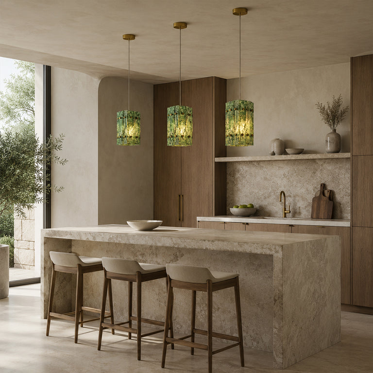 Green Twelve-Panel Marble Lantern Pendant displayed in a furnished interior