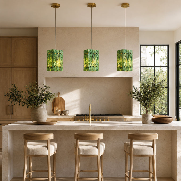Green Twelve-Panel Marble Lantern Pendant installed above a kitchen island