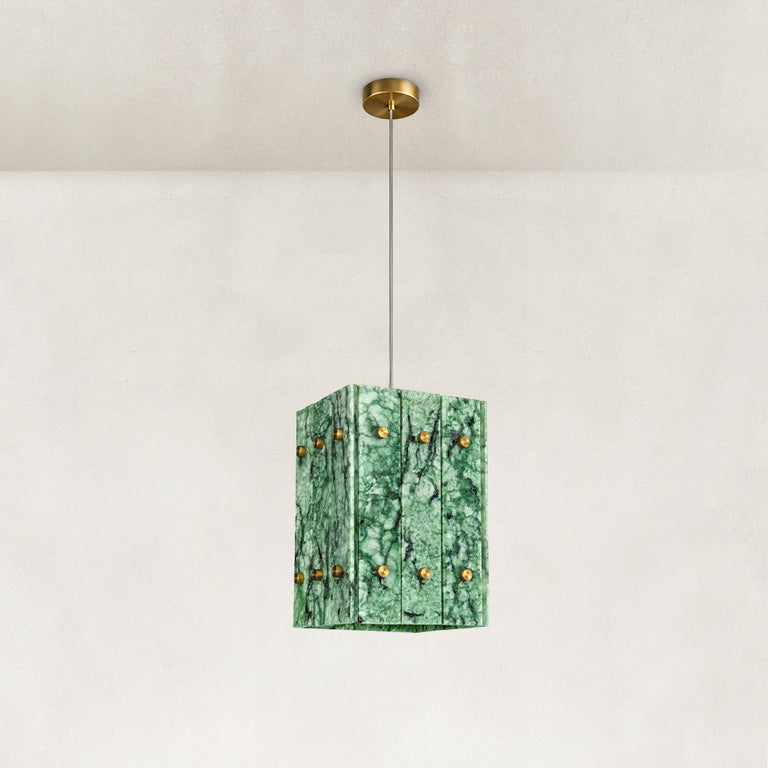 Product detail of Green Twelve-Panel Marble Lantern Pendant against a neutral background