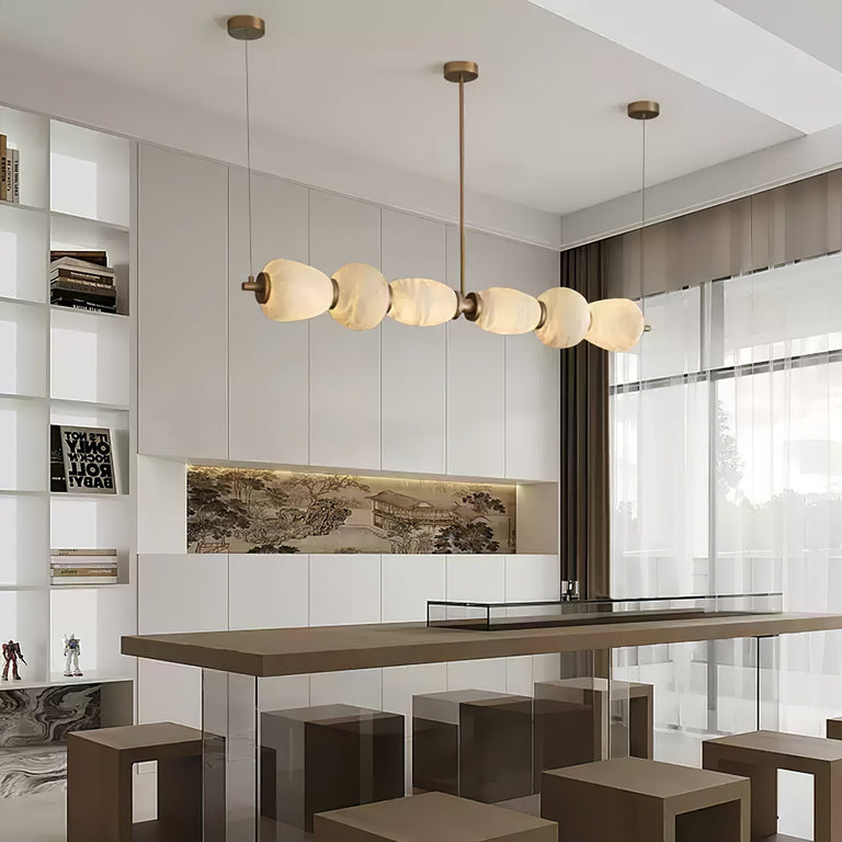 Handcrafted Alabaster Pebble Linear Chandelier – Gold & White LED by Dalmivik, complete fixture view