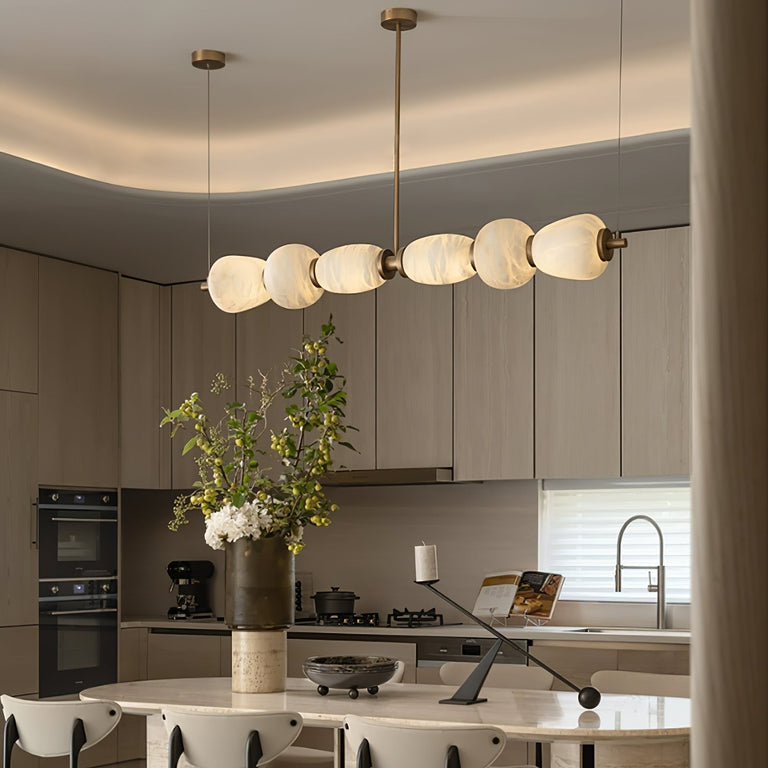 Handcrafted Alabaster Pebble Linear Chandelier – Gold & White LED by Dalmivik, product or room detail view