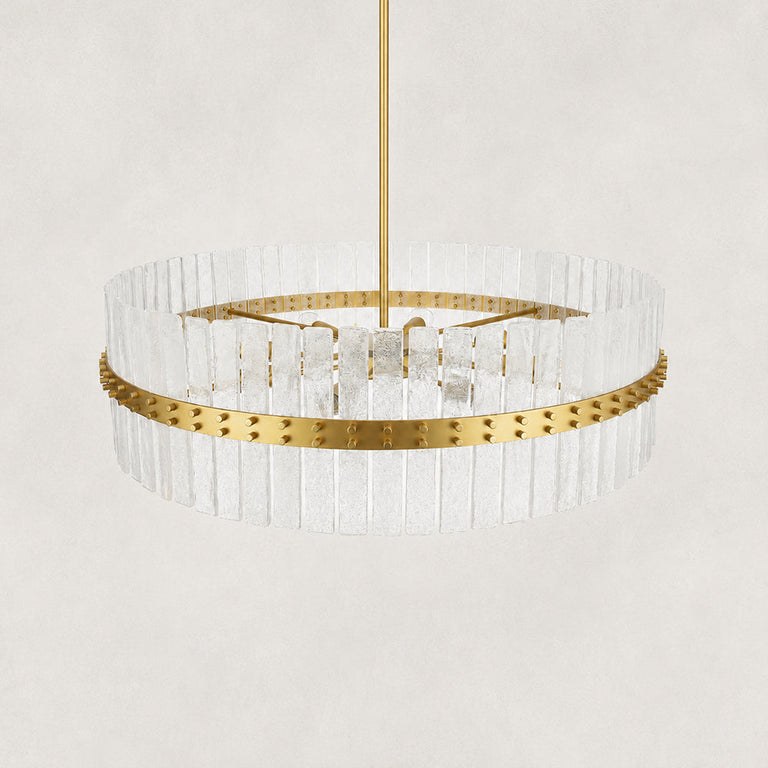 Glass drum chandelier, open frame and textured glass viewed from above.