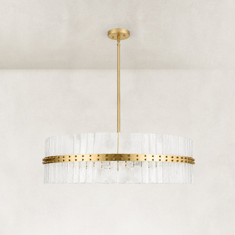 Glass drum chandelier with gold-tone band, unlit full product view.
