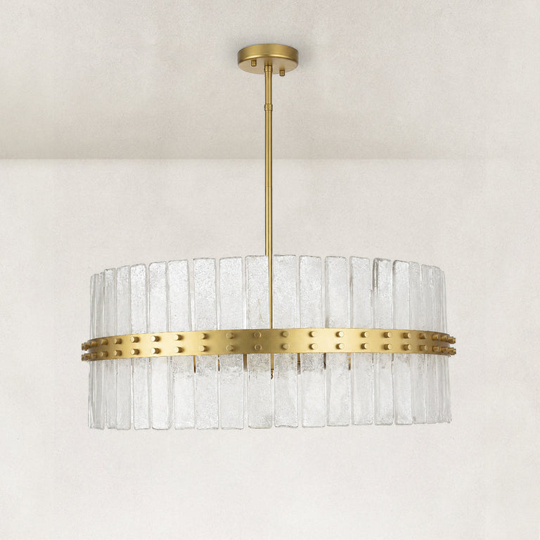 Glass drum chandelier with gold-tone band, complete unlit view.