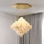 Hexa Alabaster Cascade Chandelier – Gold & White LED Luxury Light by Dalmivik, complete fixture view