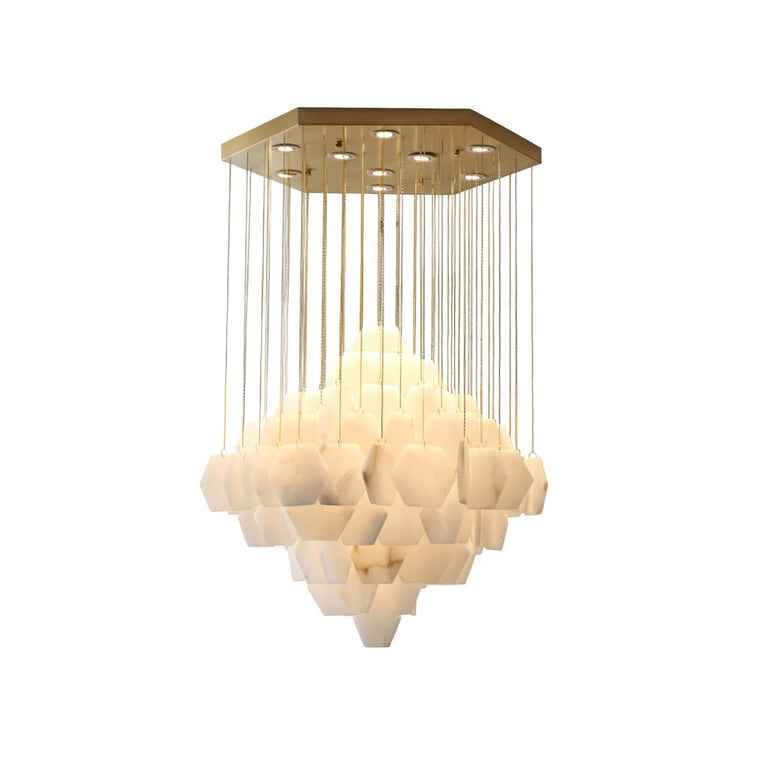 Hexa Alabaster Cascade Chandelier – Gold & White LED Luxury Light by Dalmivik, complete fixture view
