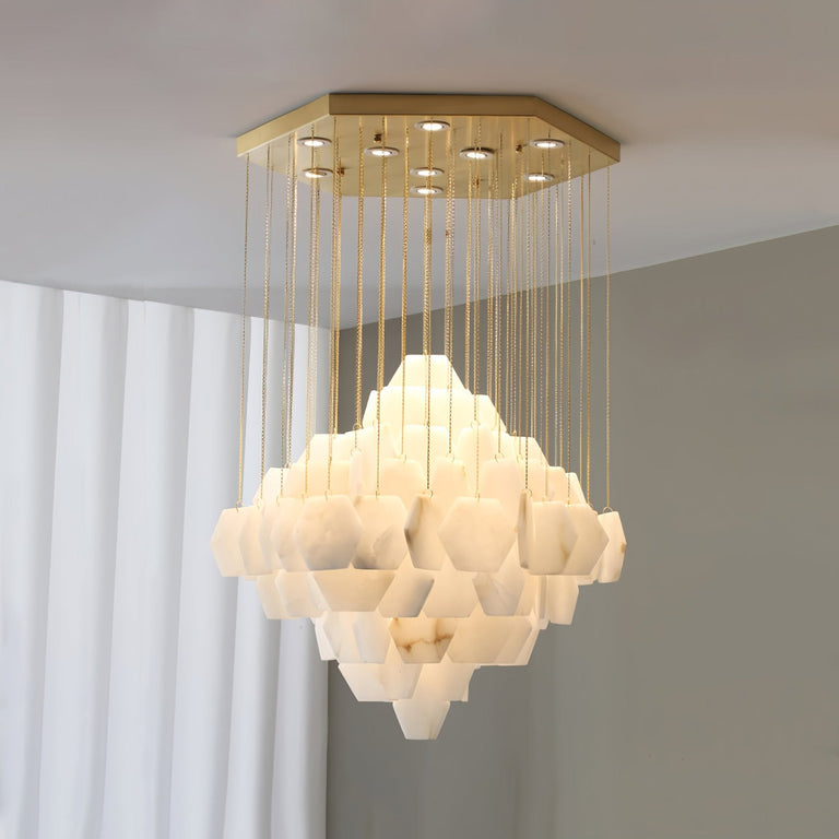 Hexa Alabaster Cascade Chandelier – Gold & White LED Luxury Light by Dalmivik, product or room detail view