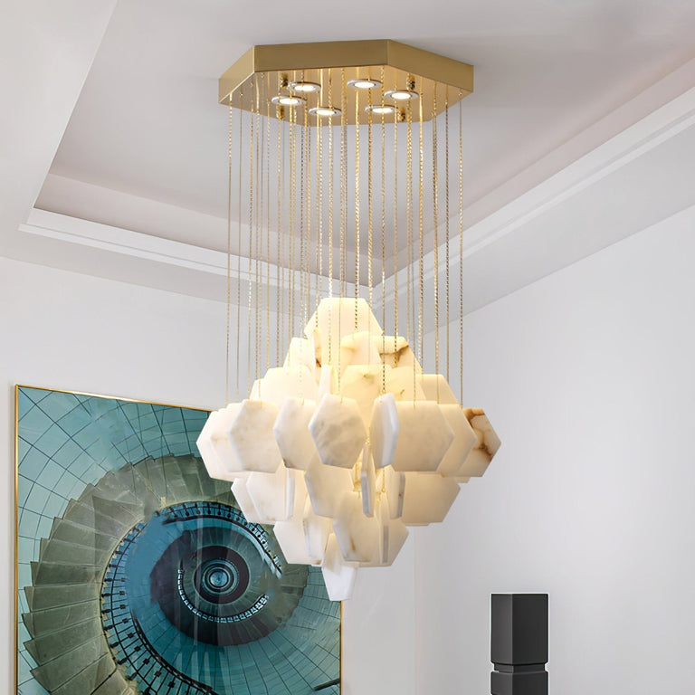 Hexa Alabaster Cascade Chandelier – Gold & White LED Luxury Light by Dalmivik, product or room detail view