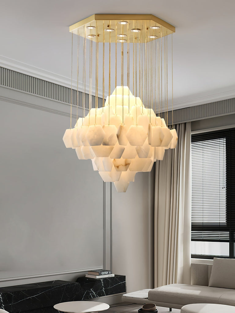 Hexa Alabaster Cascade Chandelier – Gold & White LED Luxury Light by Dalmivik, product or room detail view