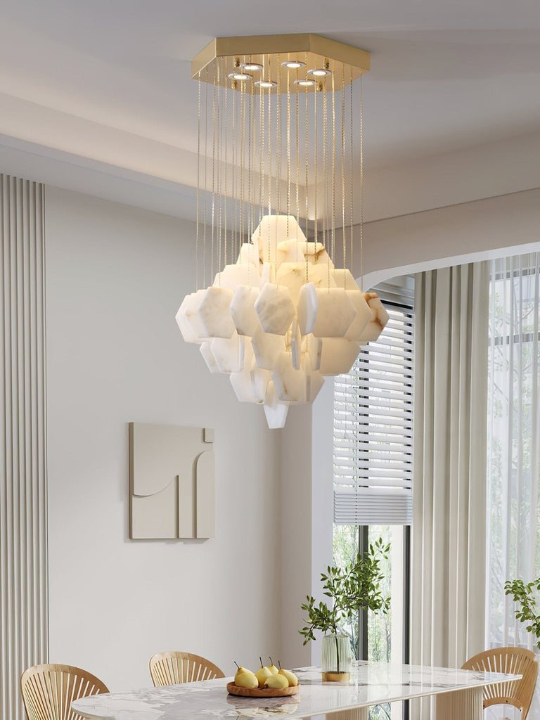 Hexa Alabaster Cascade Chandelier – Gold & White LED Luxury Light by Dalmivik, product or room detail view