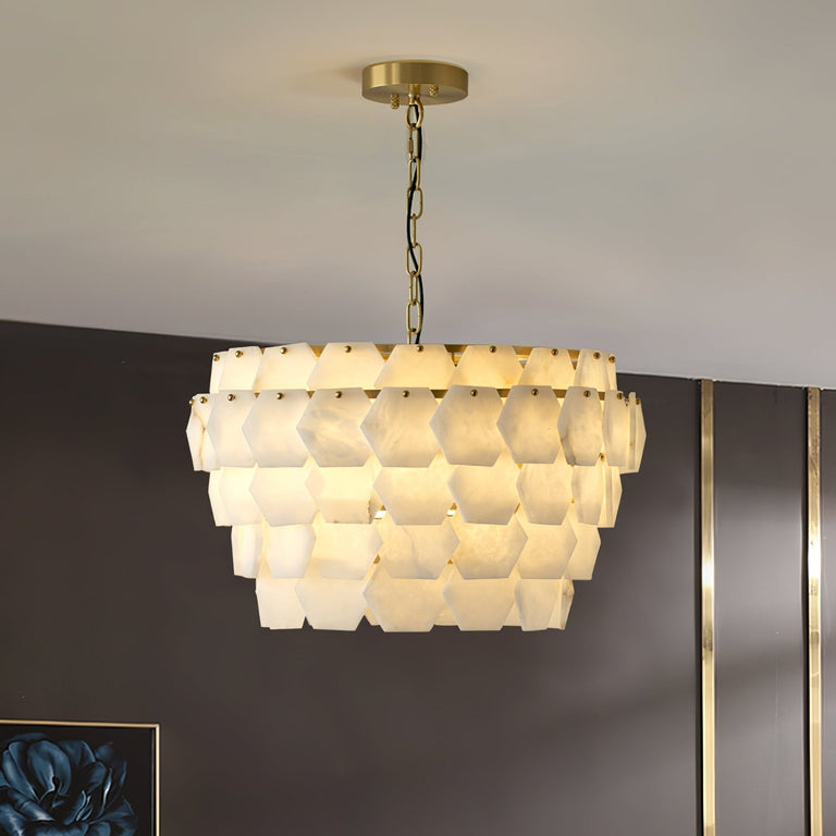 Hexa Cloud Gold & White Alabaster Pendant Light– 23.6" Diameter by Dalmivik, complete fixture view
