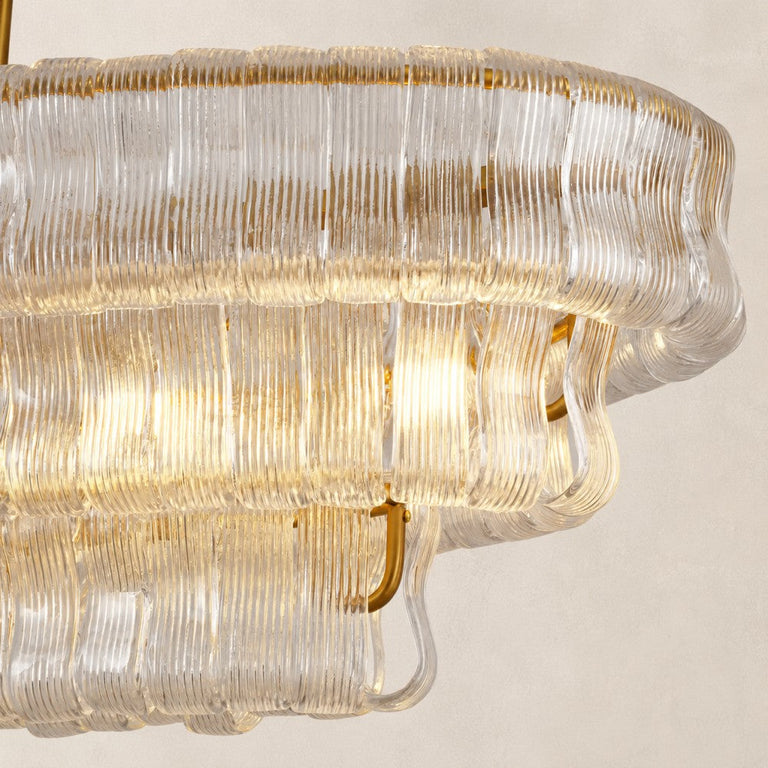 Illuminated clear glass panels on the linear chandelier.