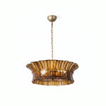 Illuminated smoke ribbed-glass drum chandelier with a gold-colored chain against a white background