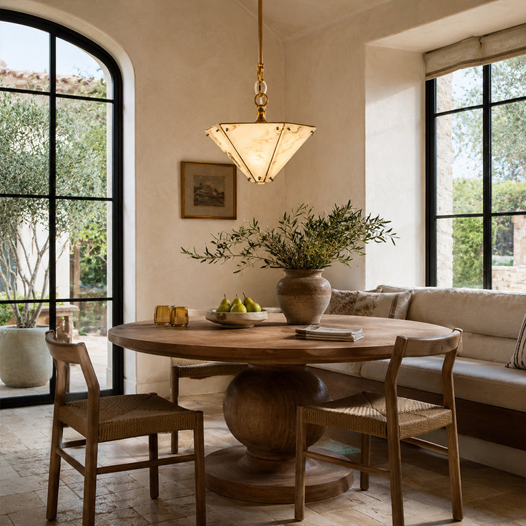 Inverted Pyramid Marble-Panel Pendant displayed in a furnished interior
