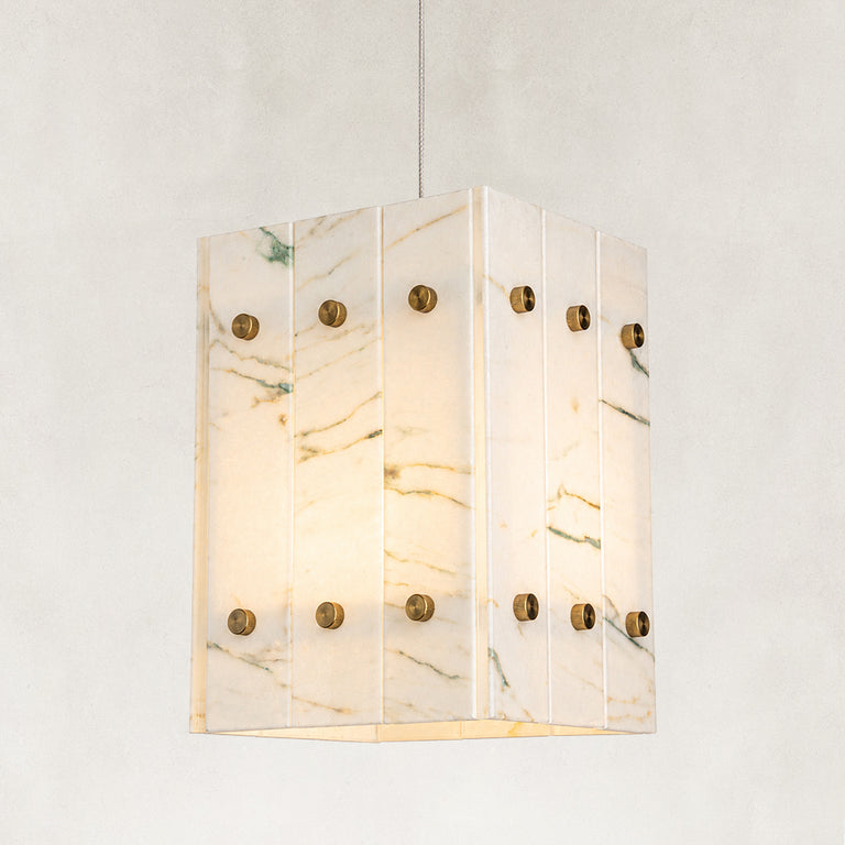 Product detail of Ivory Veined Twelve-Panel Marble Lantern Pendant against a neutral background