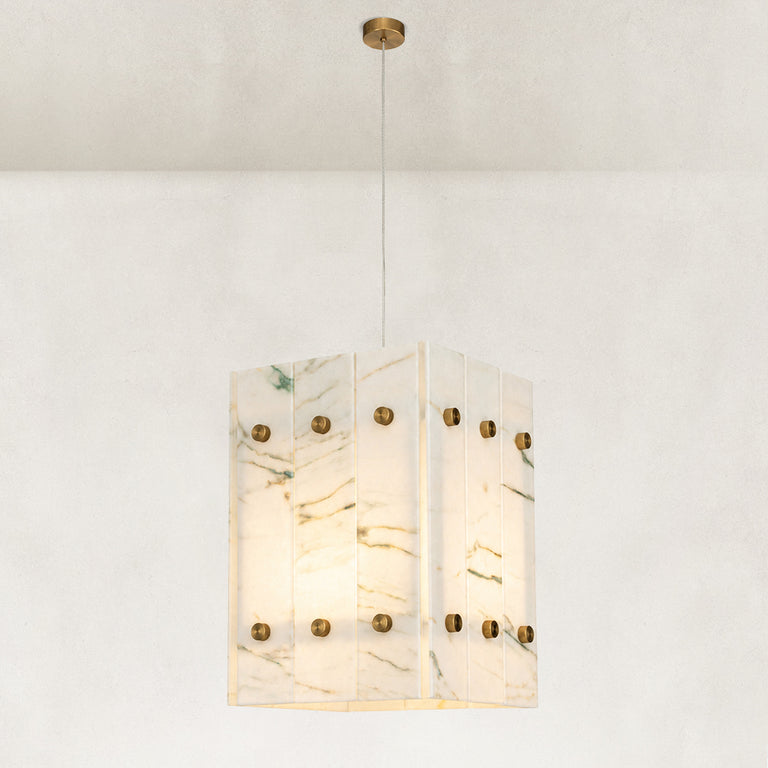 Ivory Veined Twelve-Panel Marble Lantern Pendant shown in full against a neutral background
