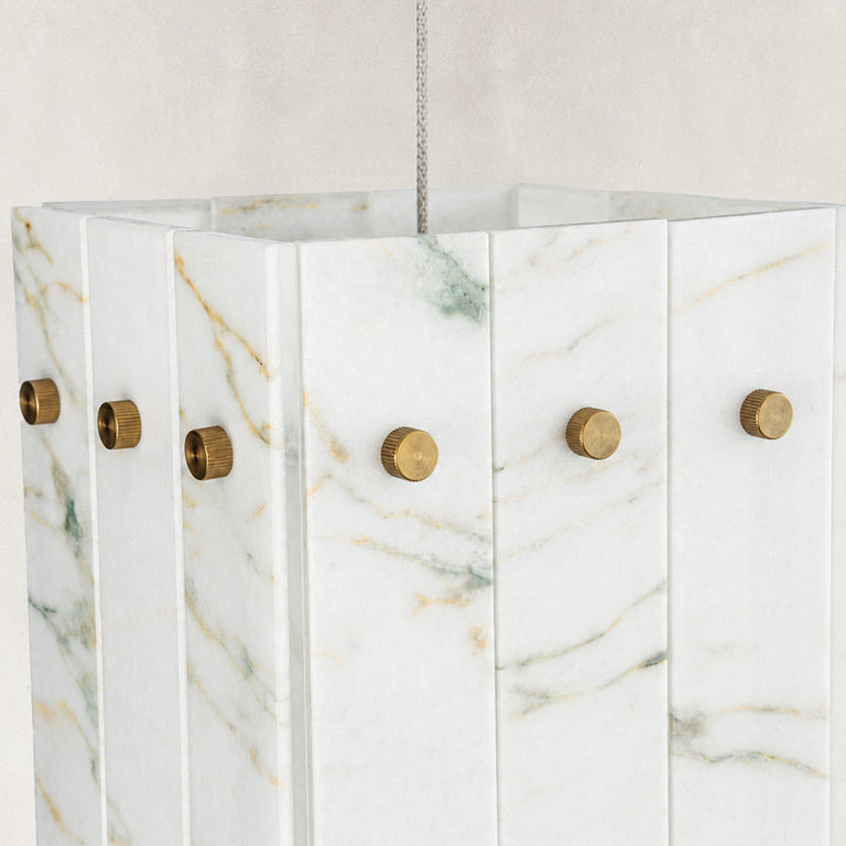 Product detail of Ivory Veined Twelve-Panel Marble Lantern Pendant against a neutral background