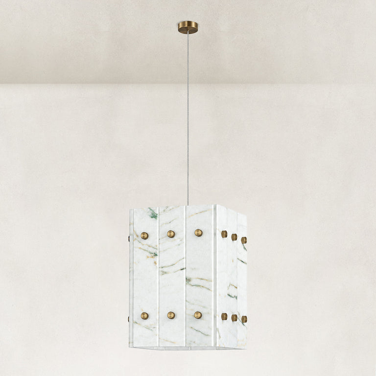 Product detail of Ivory Veined Twelve-Panel Marble Lantern Pendant against a neutral background