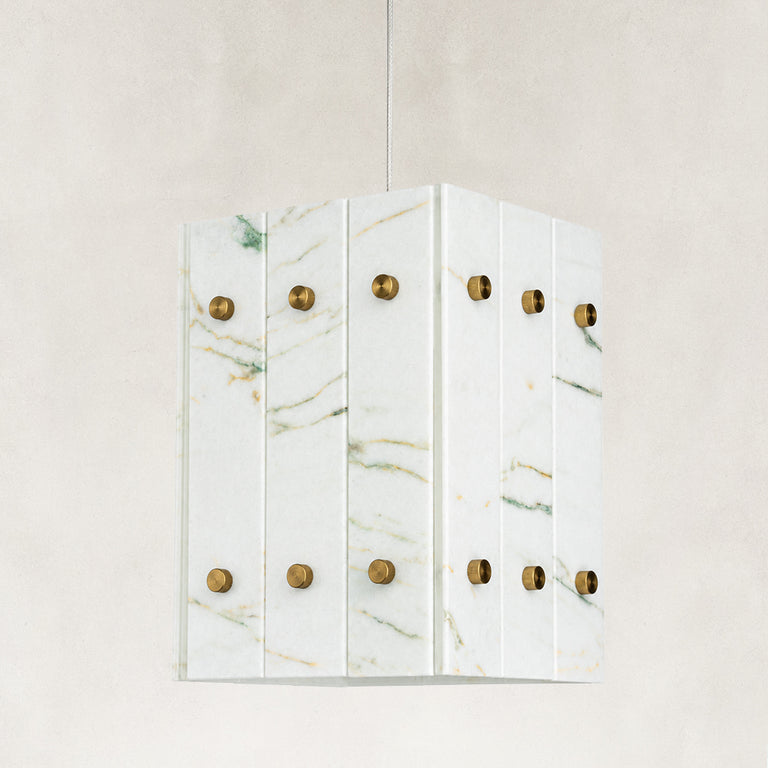 Product detail of Ivory Veined Twelve-Panel Marble Lantern Pendant against a neutral background