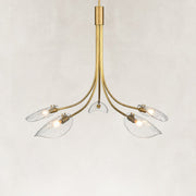 Large Five-Light Leaf Glass Chandelier in Aged Brass - alternate angle