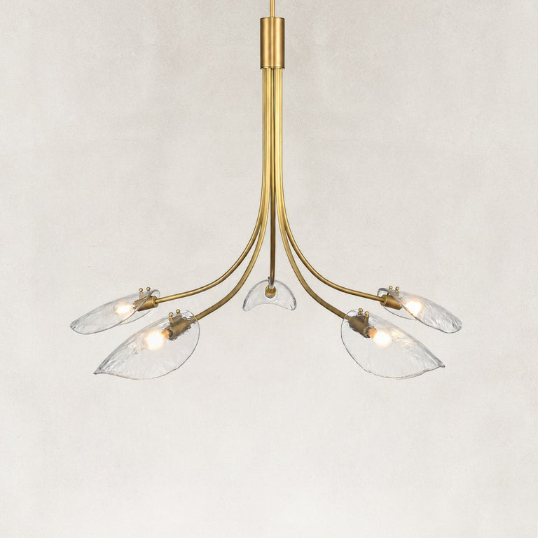 Large Five-Light Leaf Glass Chandelier in Aged Brass - alternate angle
