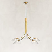 Large Five-Light Leaf Glass Chandelier in Aged Brass - complete fixture