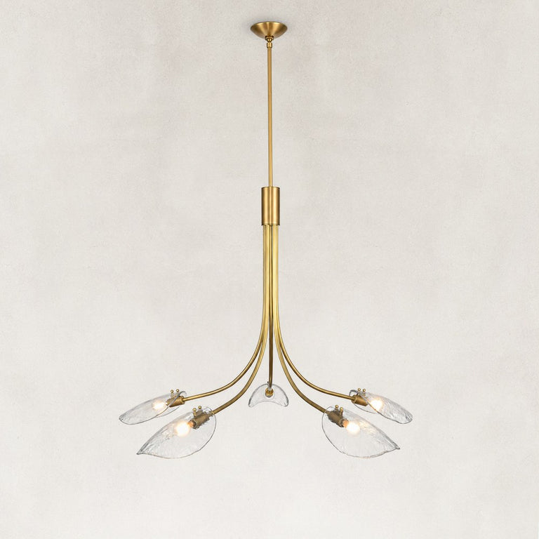 Large Five-Light Leaf Glass Chandelier in Aged Brass - complete fixture