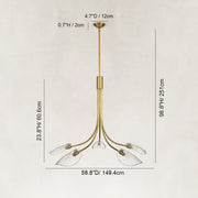 Large Five-Light Leaf Glass Chandelier in Aged Brass - dimension diagram