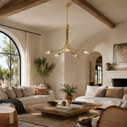 Large Five-Light Leaf Glass Chandelier in Aged Brass - interior setting