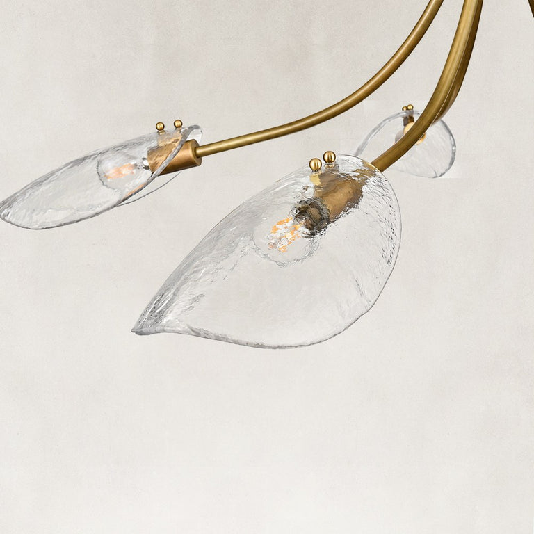 Large Five-Light Leaf Glass Chandelier in Aged Brass - material detail