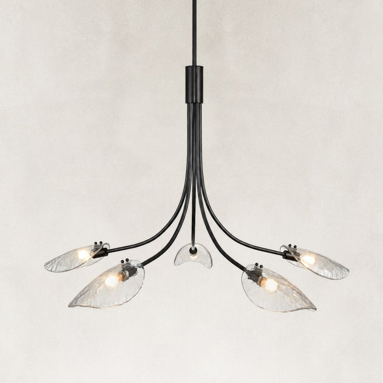 Large Five-Light Leaf Glass Chandelier in Matte Black - alternate angle