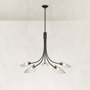 Large Five-Light Leaf Glass Chandelier in Matte Black - complete fixture