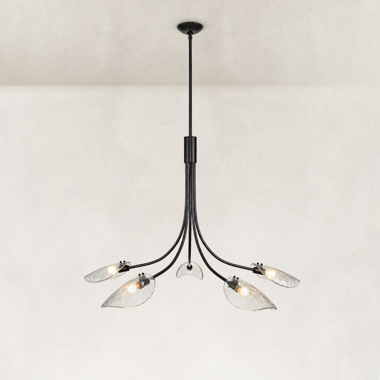 Large Five-Light Leaf Glass Chandelier in Matte Black - complete fixture