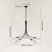 Large Five-Light Leaf Glass Chandelier in Matte Black - dimension diagram
