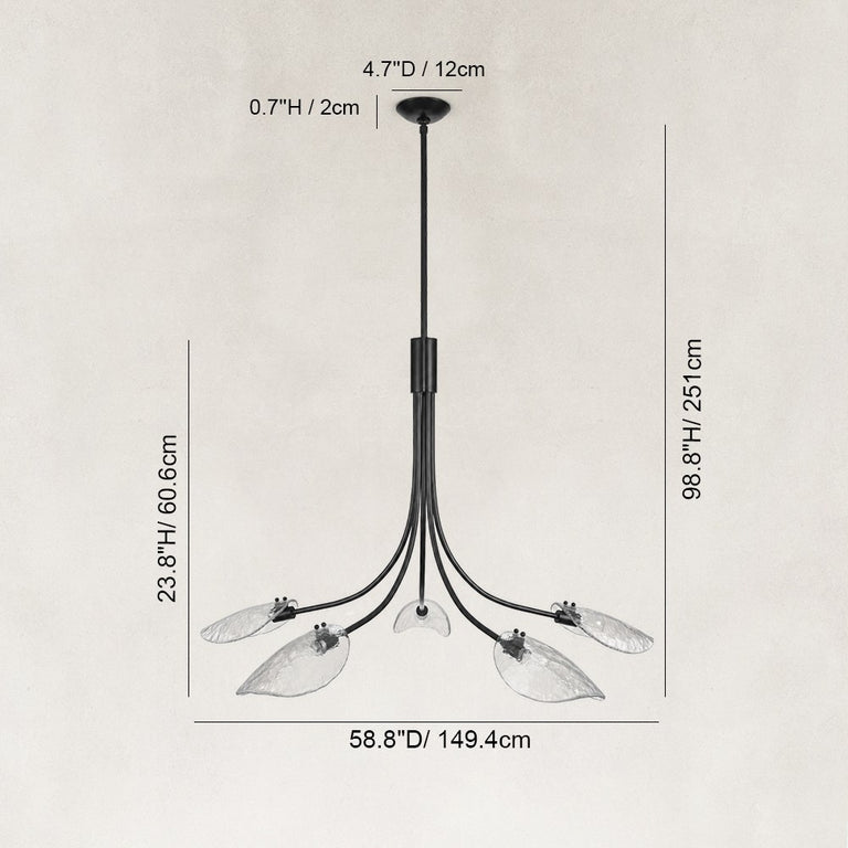 Large Five-Light Leaf Glass Chandelier in Matte Black - dimension diagram